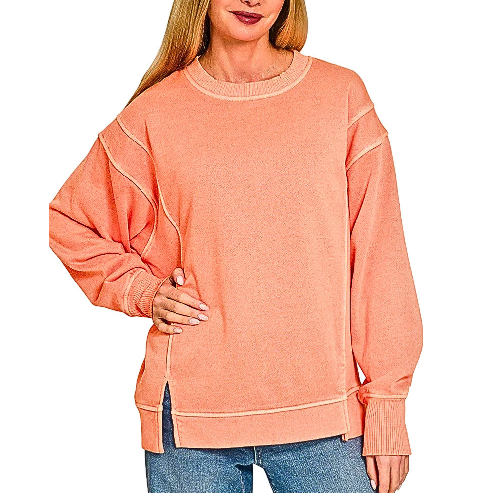 Zenana Sweatshirt Oversized Coral Pigment-Dyed Side Slit Long Sleeve Pullover Top