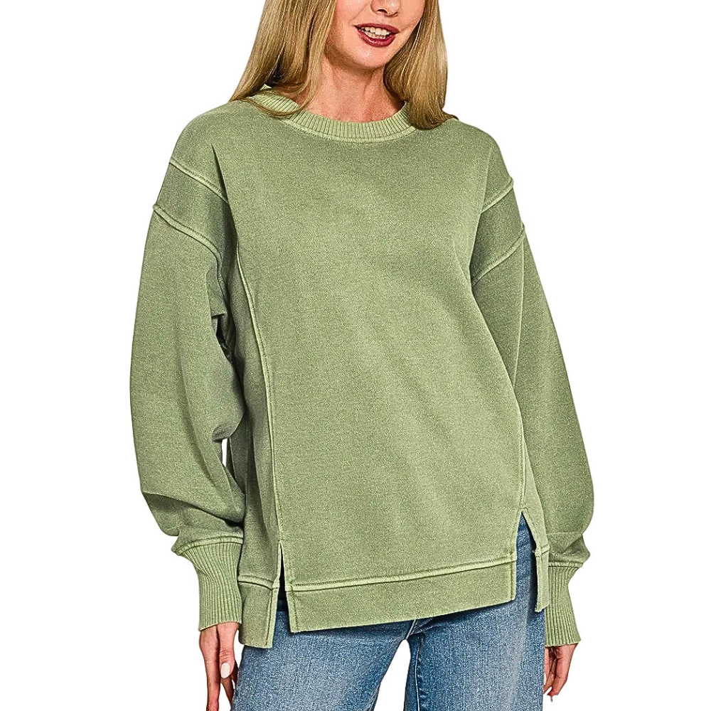 Zenana Sweatshirt Oversized Fleece Light Olive Expossed Seam High-Low Pullover