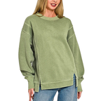 Zenana Sweatshirt Oversized Fleece Light Olive Expossed Seam High-Low Pullover