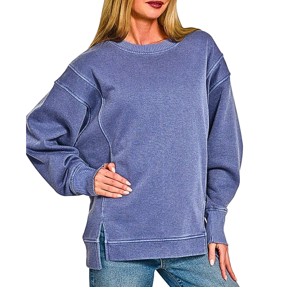 Zenana Sweatshirt Oversized Fleece Light Navy Expossed Seam High-Low Pullover