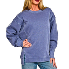 Zenana Sweatshirt Oversized Fleece Light Navy Expossed Seam High-Low Pullover