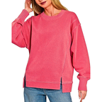 Zenana Sweatshirt Oversized Ruby Red Pigment-Dyed Fleece Long Sleeve Pullover Top