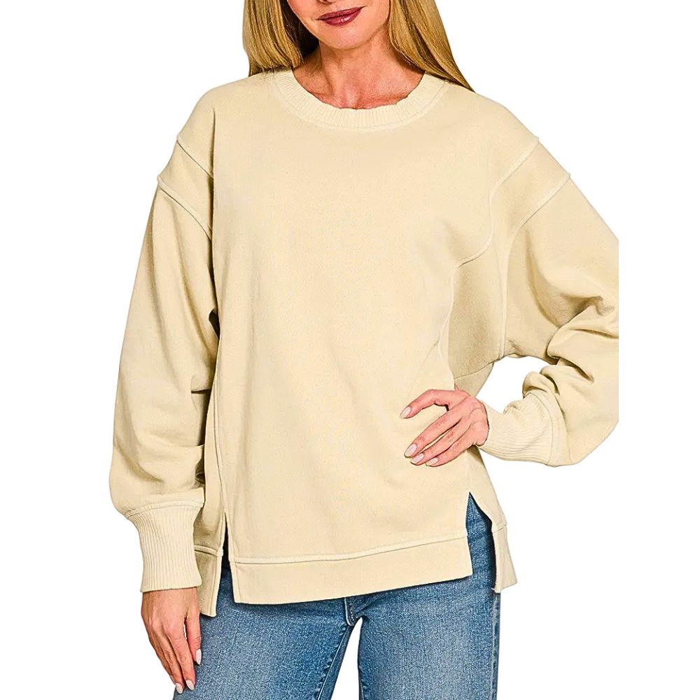 Zenana Sweatshirt Oversized Sand Beige Pigment-Dyed Fleece Long Sleeve Pullover Top