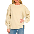 Zenana Sweatshirt Oversized Sand Beige Pigment-Dyed Fleece Long Sleeve Pullover Top