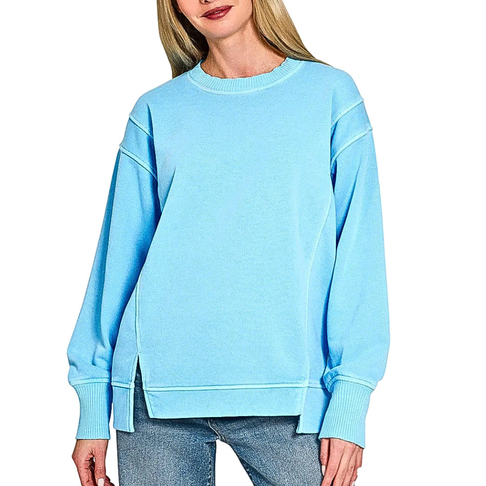Zenana Sweatshirt Oversized Sky Blue Pigment-Dyed Fleece Long Sleeve Pullover