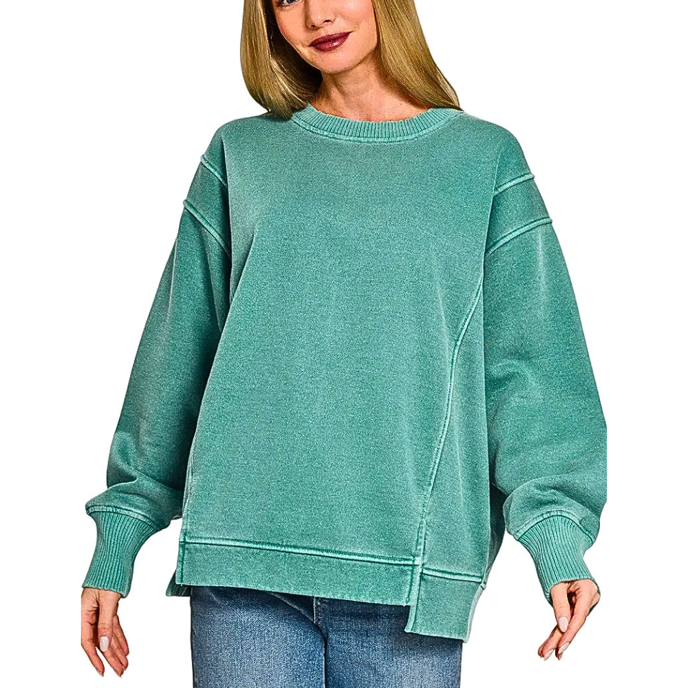 Zenana Sweatshirt Oversized Teal Pigment-Dyed Side Slit Long Sleeve Pullover Top