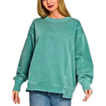 Zenana Sweatshirt Oversized Teal Pigment-Dyed Side Slit Long Sleeve Pullover Top
