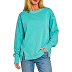 Zenana Sweatshirt Oversize Türkis Pigmentgefärbt Seitenschlitz Langarm Pullover