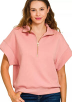 Zenana Sweatshirt Rose Scuba High Neck Half Zip Short Sleeve Top Plus Sizes TAN ROSE Zenana_Sweatshirt_Rose_Scuba_High_Neck_Half_Zip_Short_Sleeve_Top_Plus_Sizes Trendsi