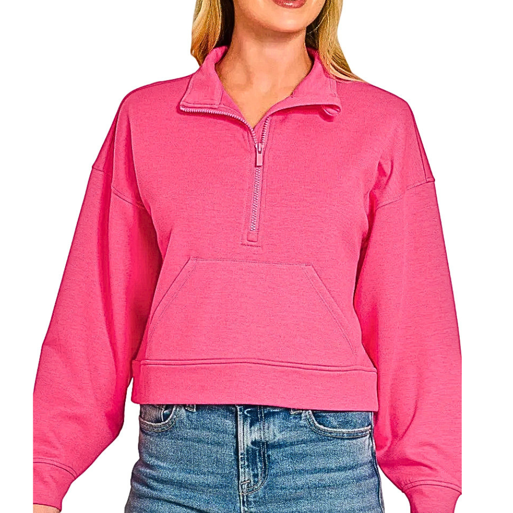 Zenana Crop Sweatshirt Scuba Half-Zip Kangaroo Pocket Casual Fuchsia Long Sleeve
