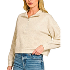Zenana Sweatshirt Scuba Half-Zip Pullover Kangaroo Pocket Casual Vanilla Long Slee