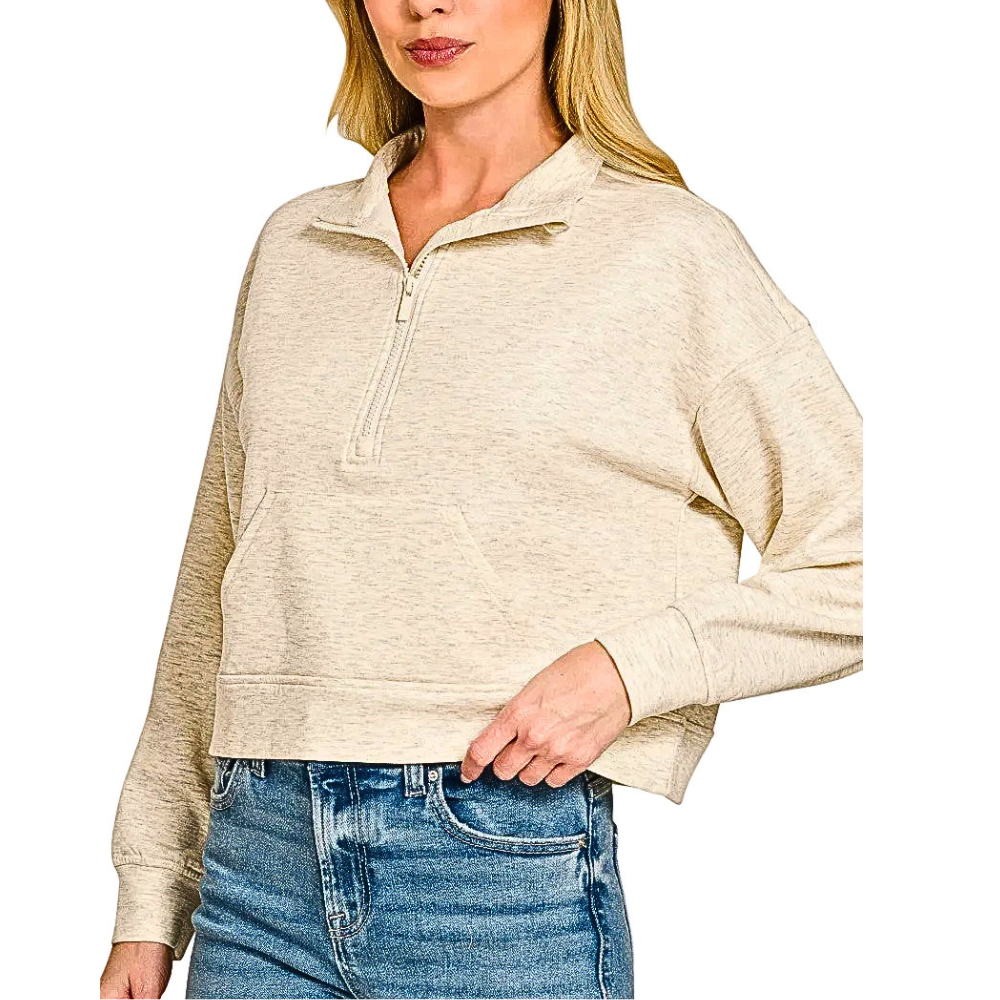 Zenana Sweatshirt Scuba Half-Zip Pullover Kangaroo Pocket Casual Vanilla Long Slee