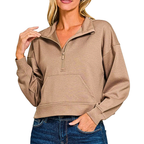 Zenana Casual Crop Sweatshirt Scuba Half Zip Kangaroo Pocket Cocoa Brown Top