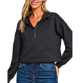 Zenana Sweatshirt Scuba Half-Zip Pullover Kangaroo Pocket Casual Black Long Sleeve