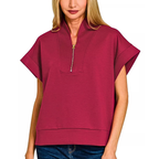 Zenana Sweatshirt Scuba High Neck Half Zip Short Sleeve Burgundy Short Sleeve Top