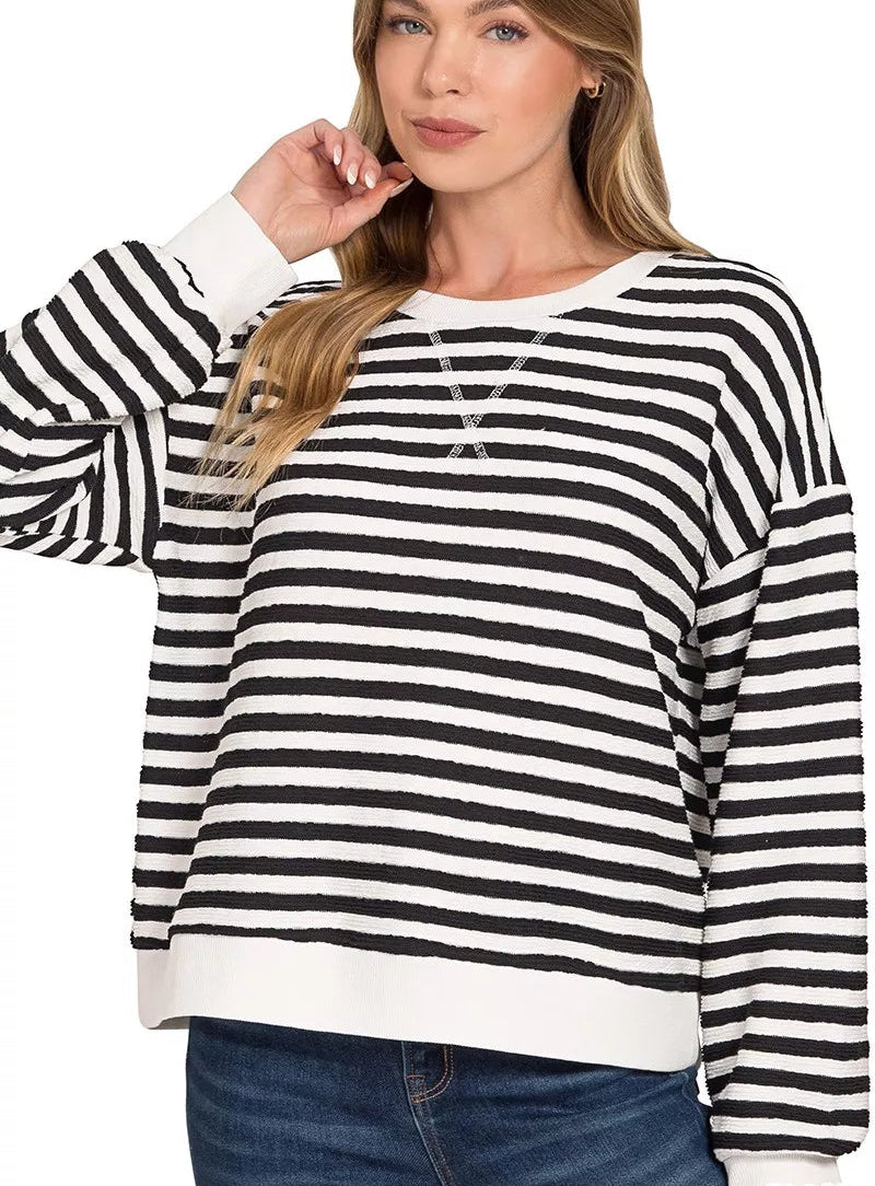 Zenana Sweatshirt Striped Black Round Neck Women Casual Pullover Top - Styleinger
