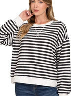 Zenana Sweatshirt Striped Black Round Neck Women Casual Pullover Top - Styleinger