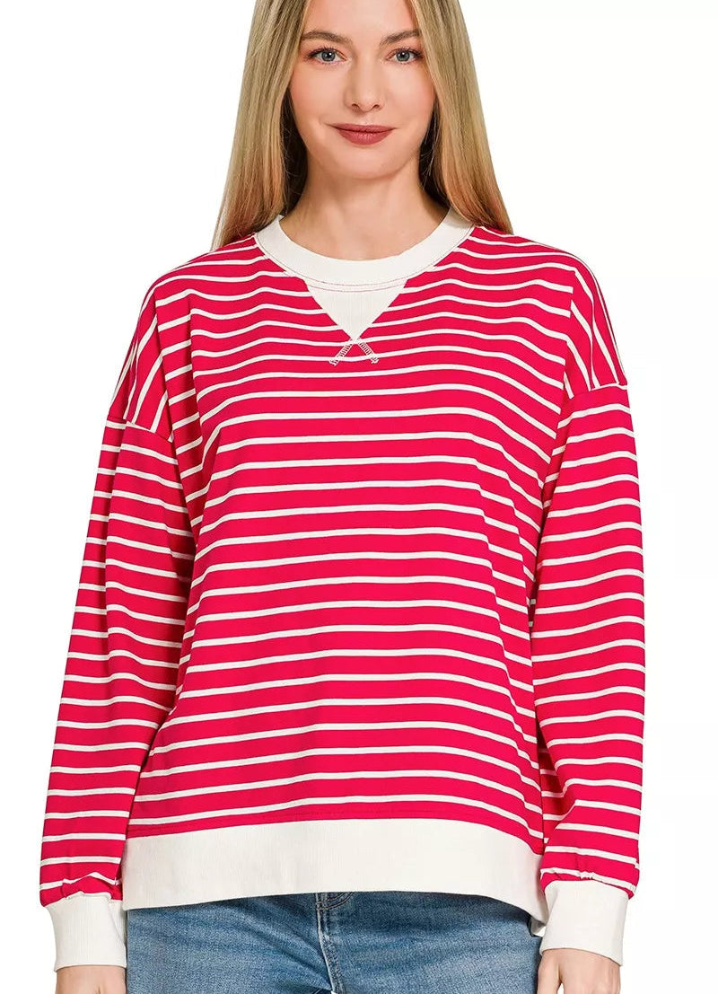 Zenana Sweatshirt Women’s Ruby Red Contrast Striped Round Neck Casual Pullover Top - Styleinger