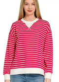 Zenana Sweatshirt Women’s Ruby Red Contrast Striped Round Neck Casual Pullover Top - Styleinger