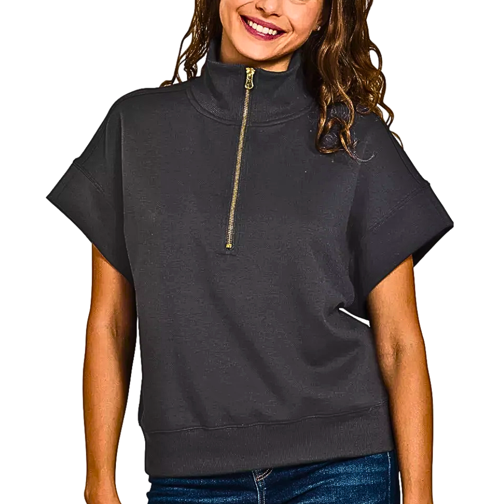 Zenana Sweatsirt Black Scuba High Neck Half Zip Short Sleeve Casual Lightweight Top