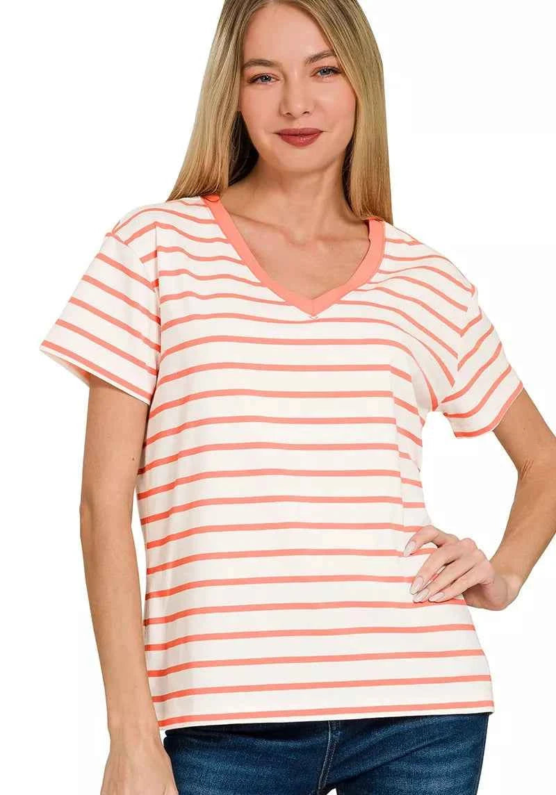 Zenana T-Shirt Coral Striped V-Neck Short Sleeve Cotton Top