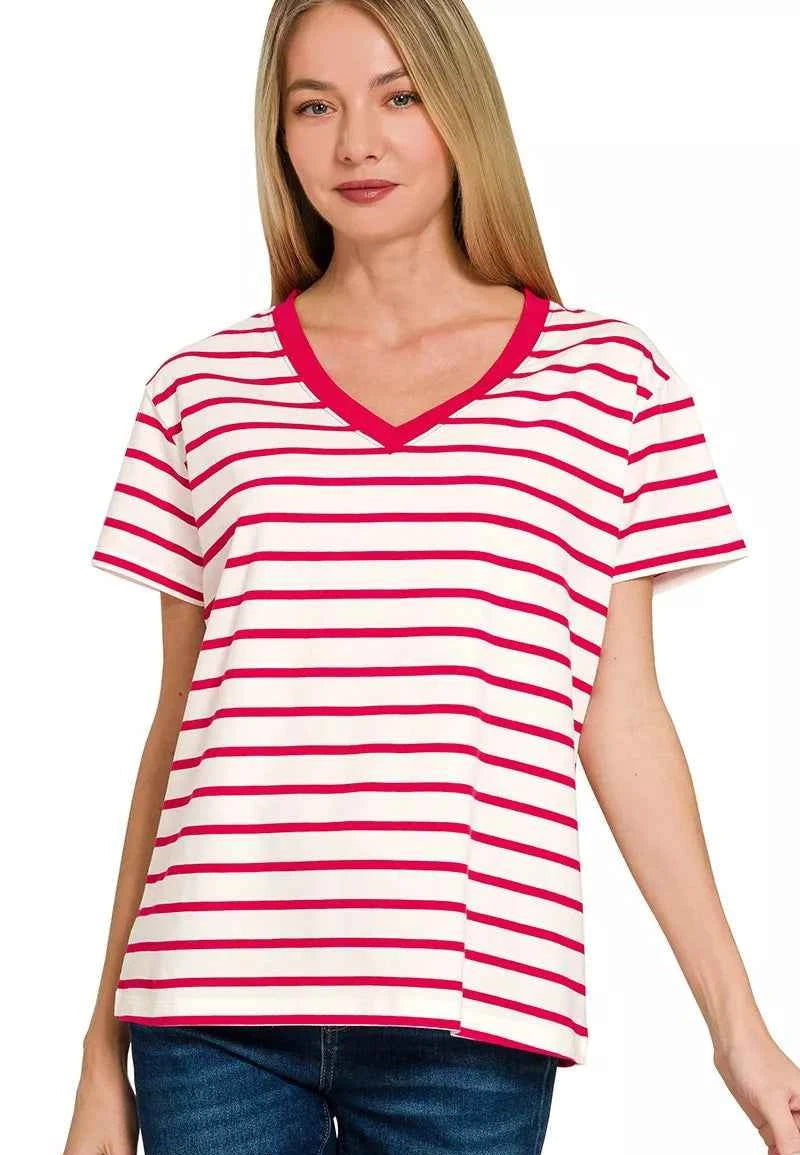 Zenana T-Shirt Striped Ruby Red V-Neck Short Sleeve Cotton Top