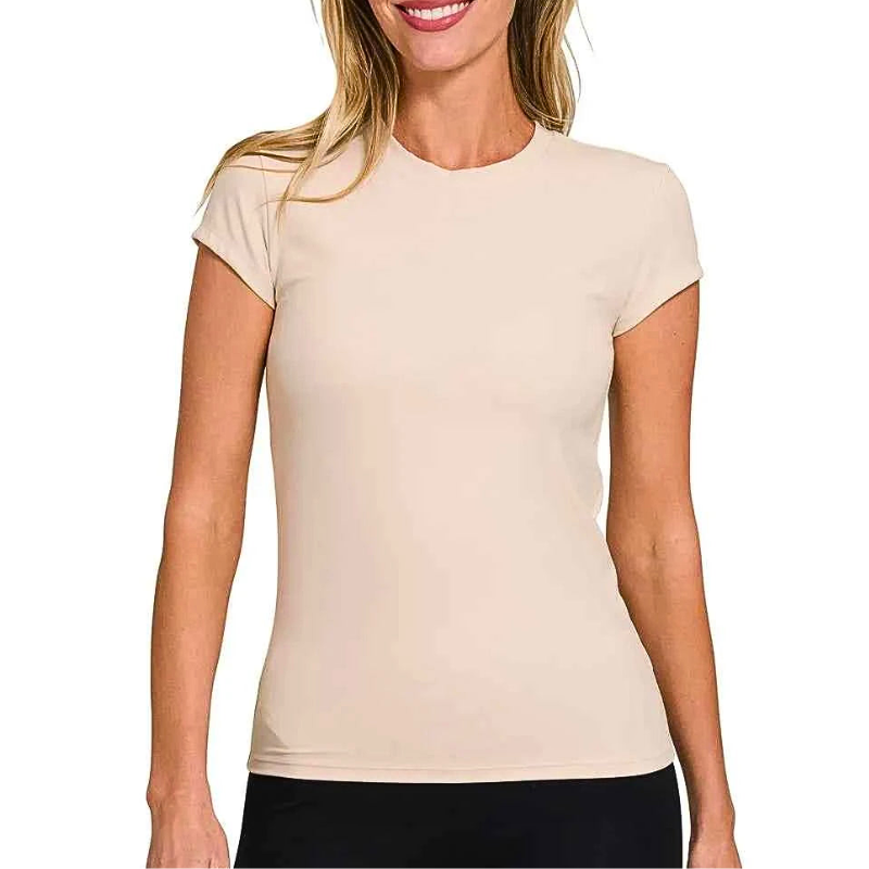 Zenana T-shirt Casual Interlock Sand Beige Short Sleeve Basic Round Neck Top Tee