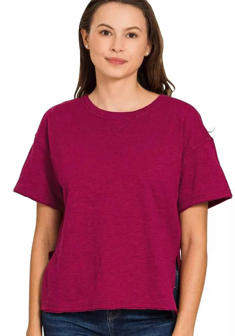 Zenana T-shirt Cotton Burgundy Slub Short Sleeve Top Tee