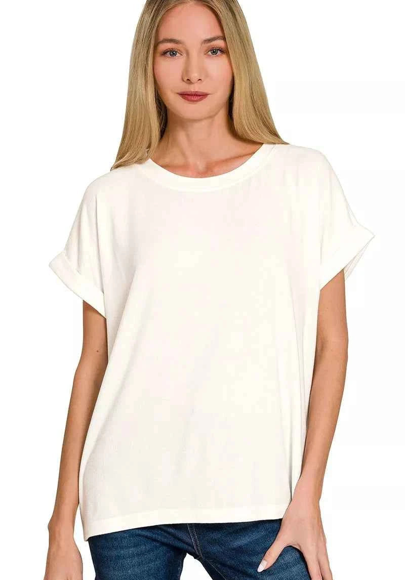 Zenana T-shirt Ivory Soft Melange Hacci Short Sleeve Round Neck Top