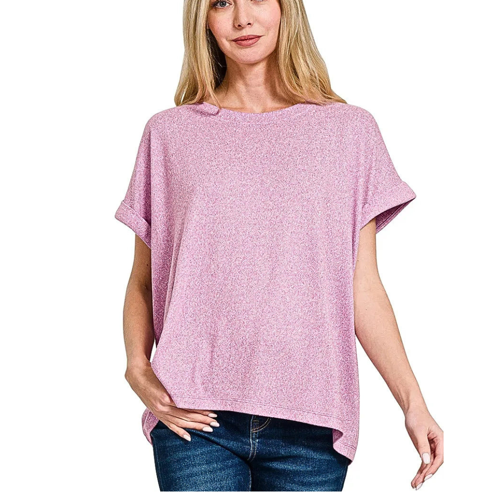 Zenana T-shirt Soft Melange Hacci Casual Short Sleeve Round Neck Top