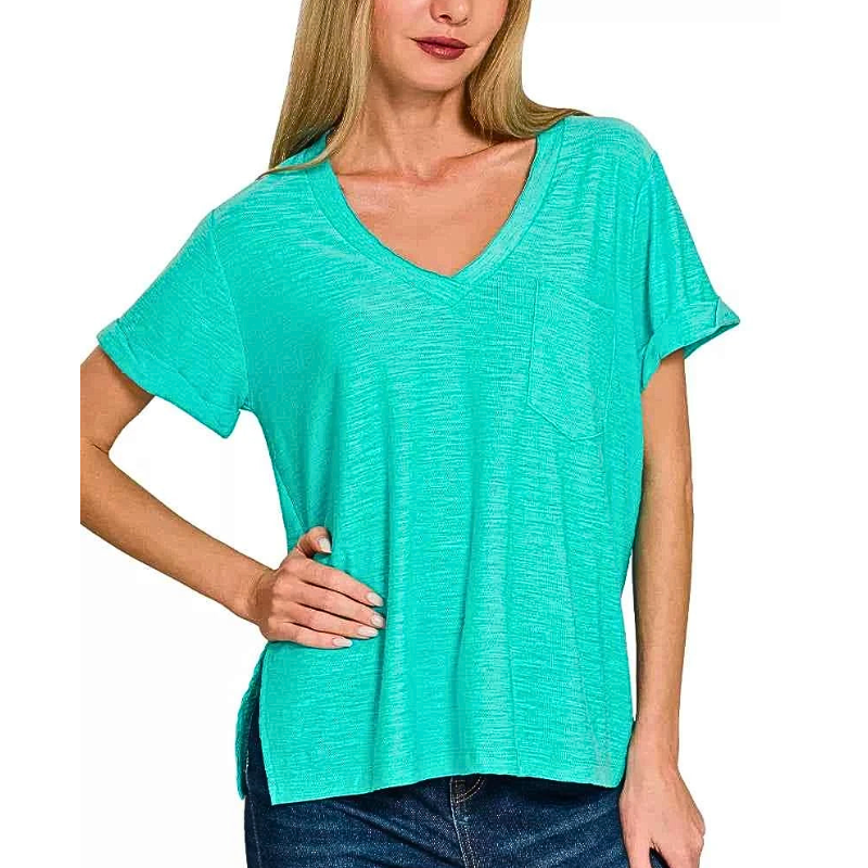 Zenana T-shirt Turquoise V-Neck Casual Loose Slub Rolled Short Sleeve Side Slit Top