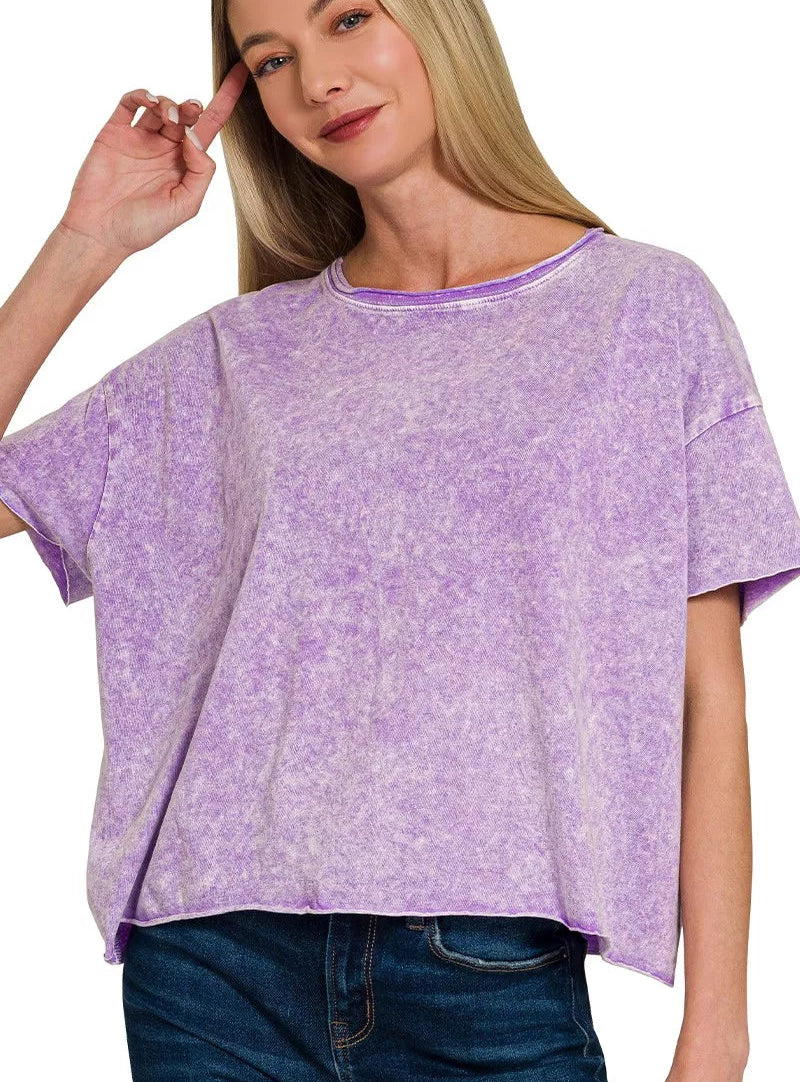 Zenana T-shirt Violet Halo Washed Cotton Short Sleeve Top Women Casual Tee Everyday - Styleinger