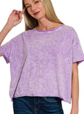 Zenana T-shirt Violet Halo Washed Cotton Short Sleeve Top Women Casual Tee Everyday - Styleinger