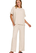 Zenana T‑Shirt & Pants Set Women’s Sand Beige Slub Short Sleeve Cotton Outfit - Styleinger