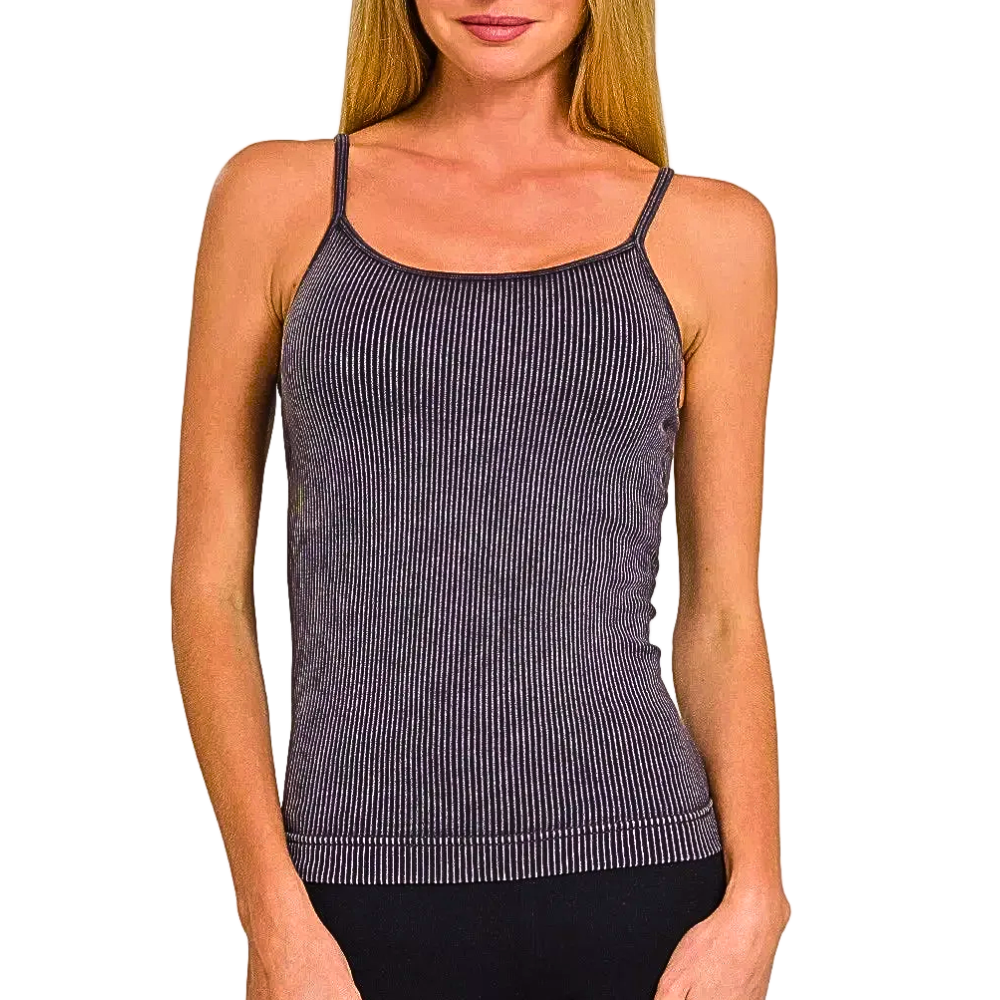 Zenana Tank Top Ribbed Seamless Black Stone-Washed Daily Comfort Cami Blouse