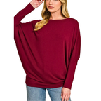 Zenana Top Boat Neck Soft Knit Dolman Long Sleeve Dark Red Loose Casual Blouse