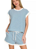 Zenana Top & Shorts Set Stripe Contrast Trim Classic Blue Women’s Casual Outfit - Styleinger