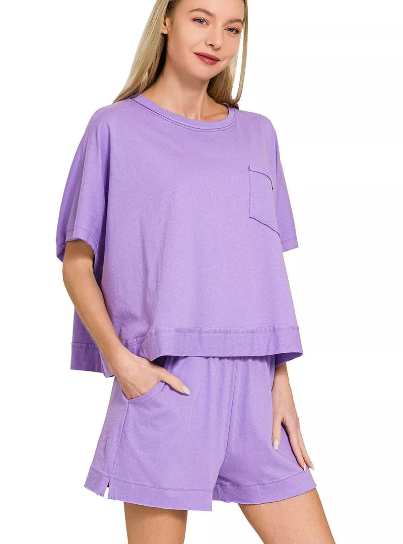 Zenana Top & Shorts Set Women’s Casual Two‑Piece Lavender Exposed Seam Boxy Outfit - Styleinger