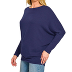 Zenana Top Soft Knit Dolman Long Sleeve Boat Neck Dark Navy Loose Blouse