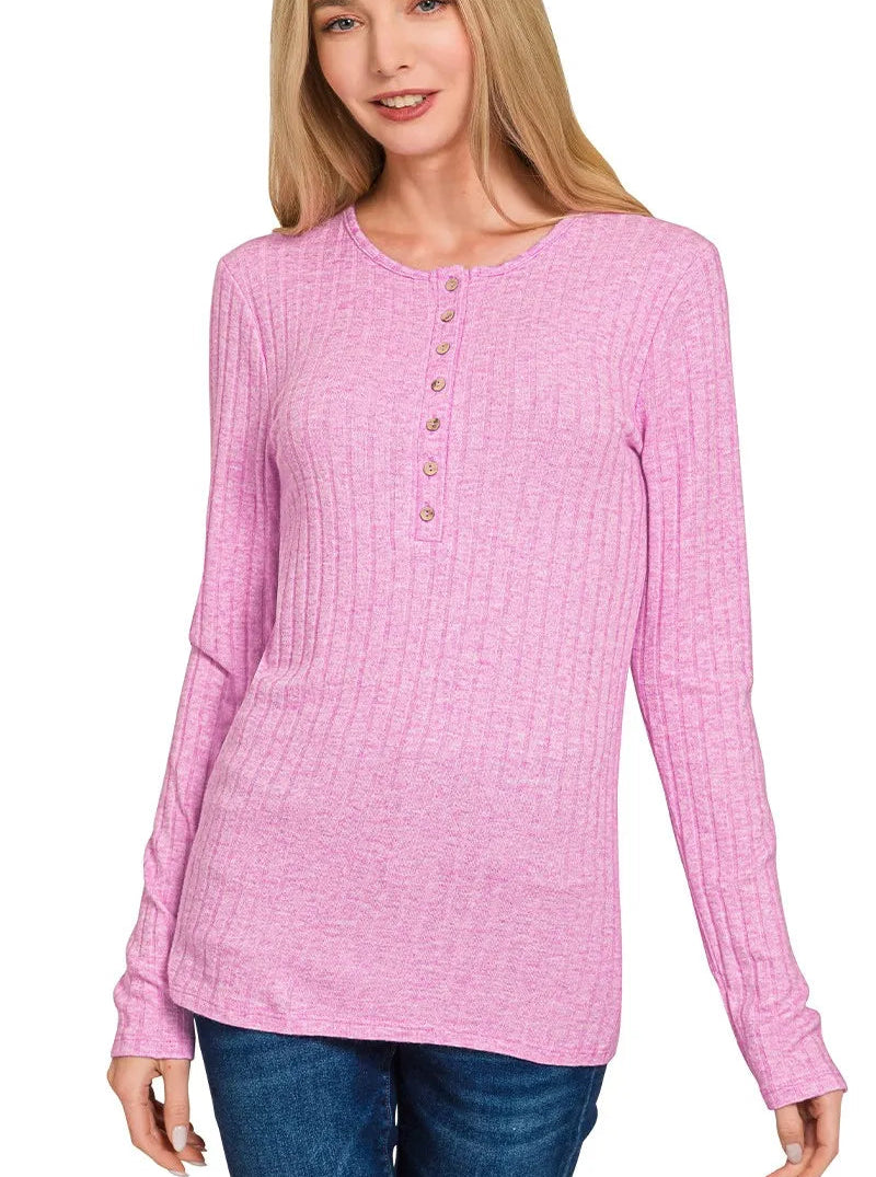 Zenana Top Women’s Knit Ribbed Long Sleeve Half Button Mauve Casual Blouse - Styleinger