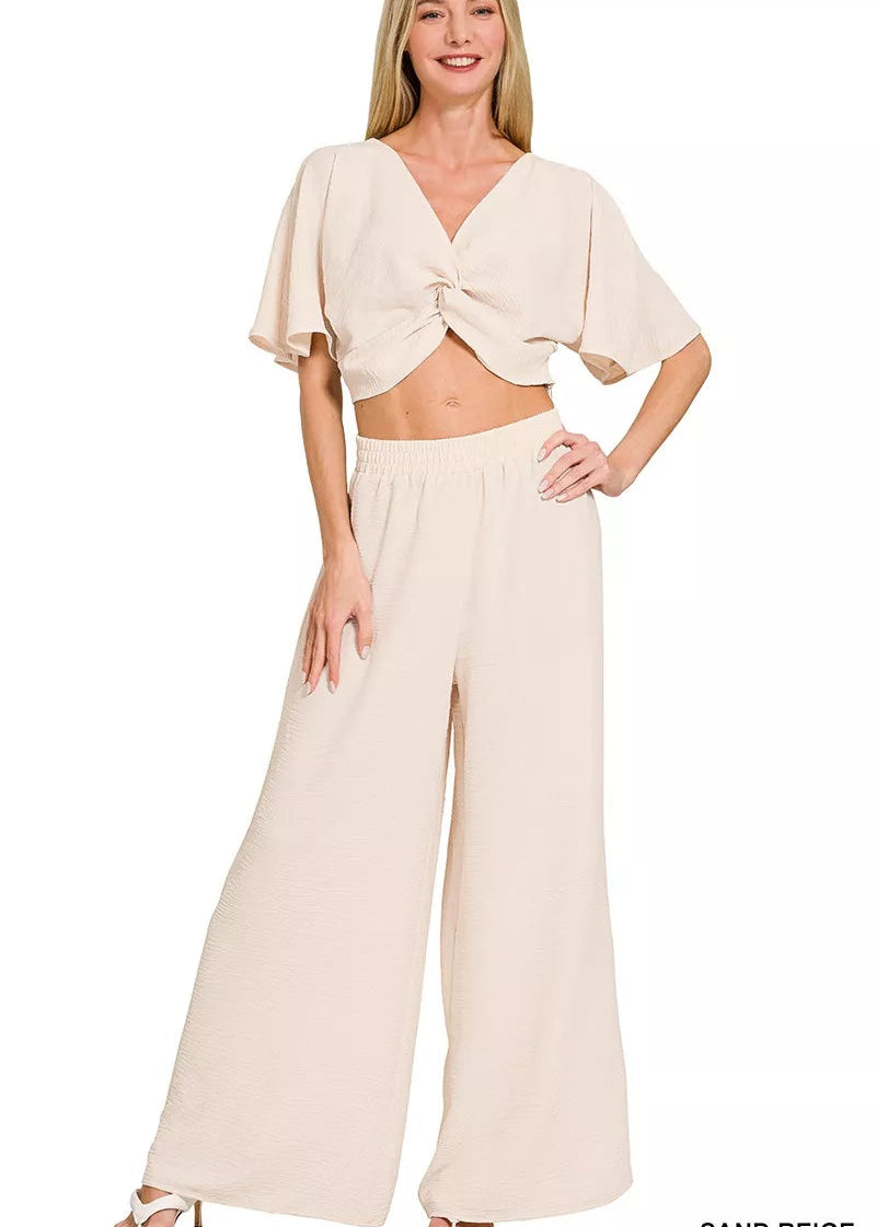 Zenana Twisted Top & Wide Leg Pants Set Women’s Casual Two‑Piece Beige Airflow - Styleinger