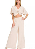 Zenana Twisted Top & Wide Leg Pants Set Women’s Casual Two‑Piece Beige Airflow - Styleinger