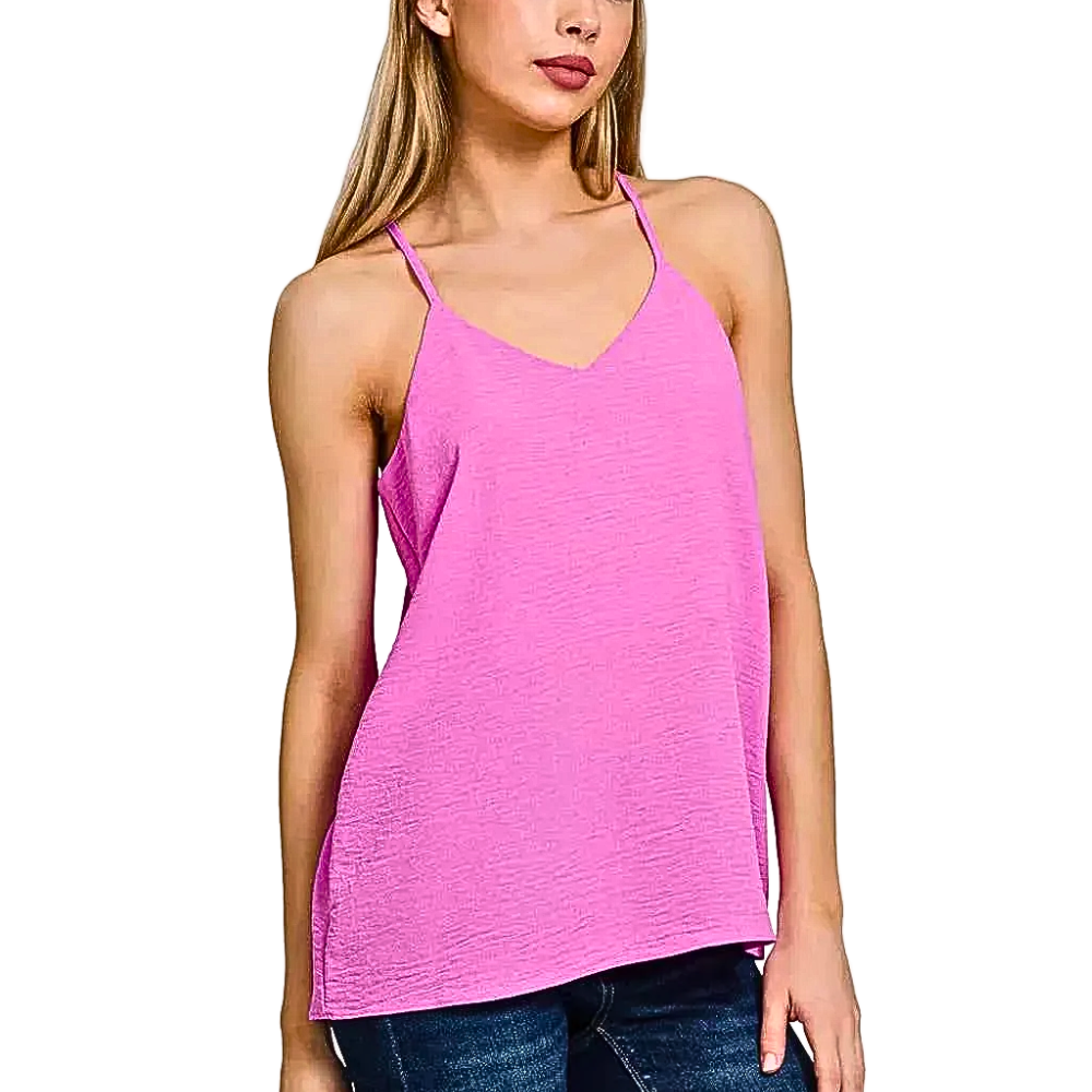Zenana V-Neck Cami Tank Top Woven Airflow Mauve Sleeveless Casual Blouse