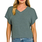 Zenana V-Neck Cropped Sweater Top Textured Knit Lightweight Ash Jade Top
