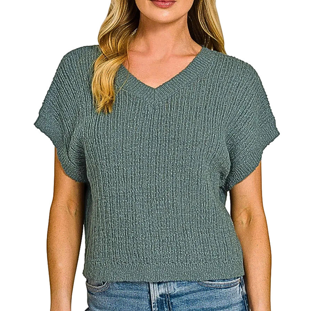 Zenana V-Neck Cropped Sweater Top Textured Knit Lightweight Ash Jade Top