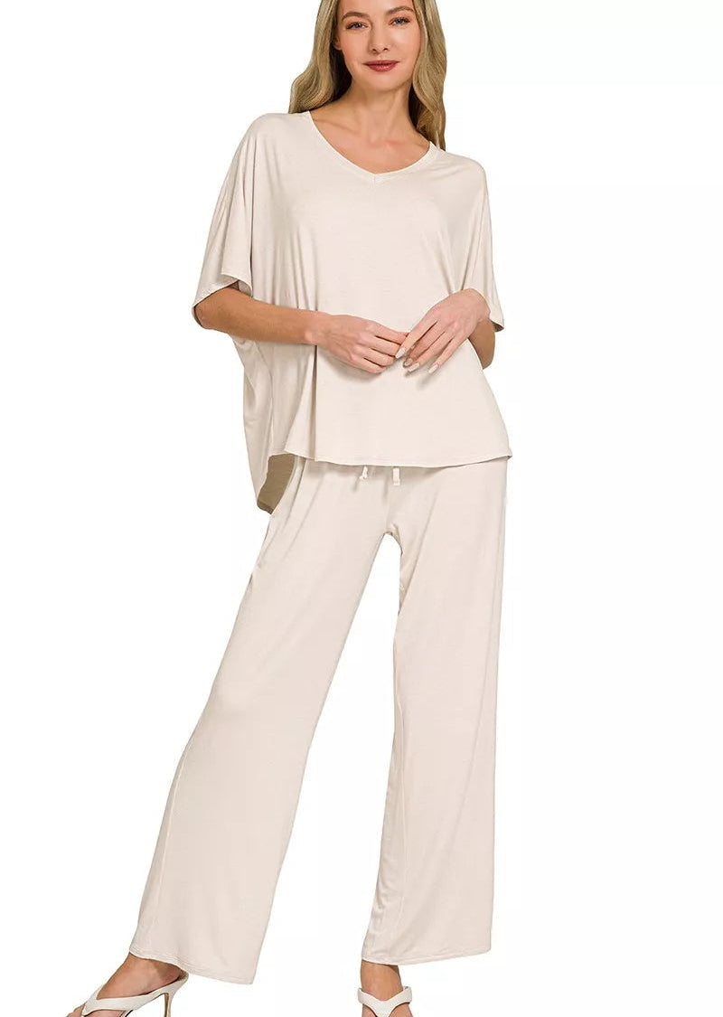 Zenana V-Neck Oversized Top & Pants Set Women Two-Piece Lounge Outfit Casual Beige - Styleinger