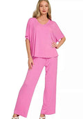 Zenana V-Neck Oversized Top & Pants Set – Women’s Casual Lounge Two-Piece Outfit