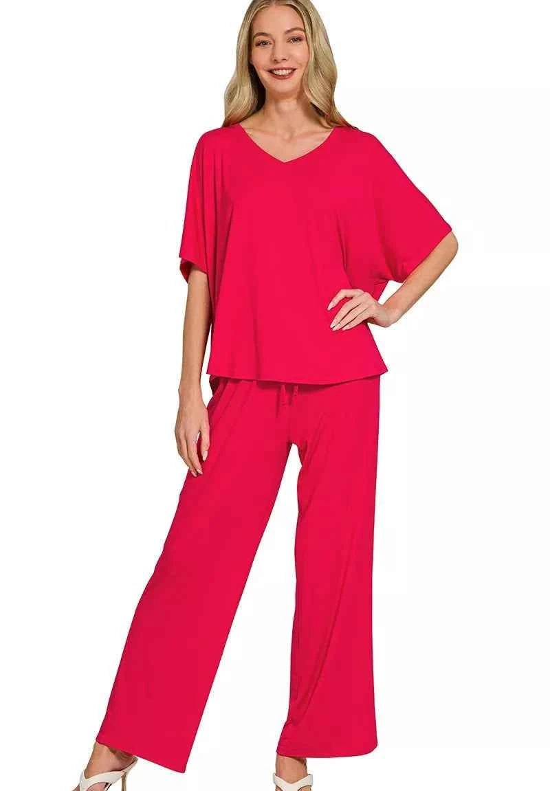 Zenana V-Neck Oversized Top & Pants Set – Women’s Two-Piece Lounge Outfit
