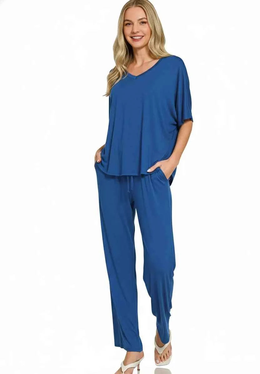 Zenana V‑Neck Oversized Top & Pants Set – Women’s Two‑Piece Lounge Outfit, New