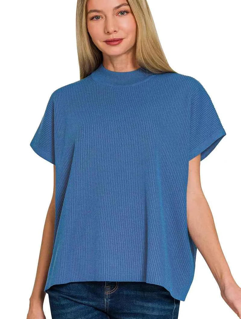 Zenana Viscose Mock Neck Short Sleeve Boxy Sweater Women Knit Top S-L Blue - STYLEINGER